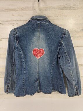 Liz Lange Maternity Size M Denim Blazer Jacket Red Sequin Heart Back 1 Button...